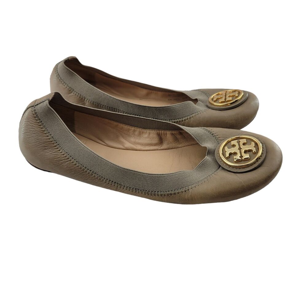 Tory Burch Ballet Flats Size 5 Caroline Tan Leather Gold Tone Logo Balletcore